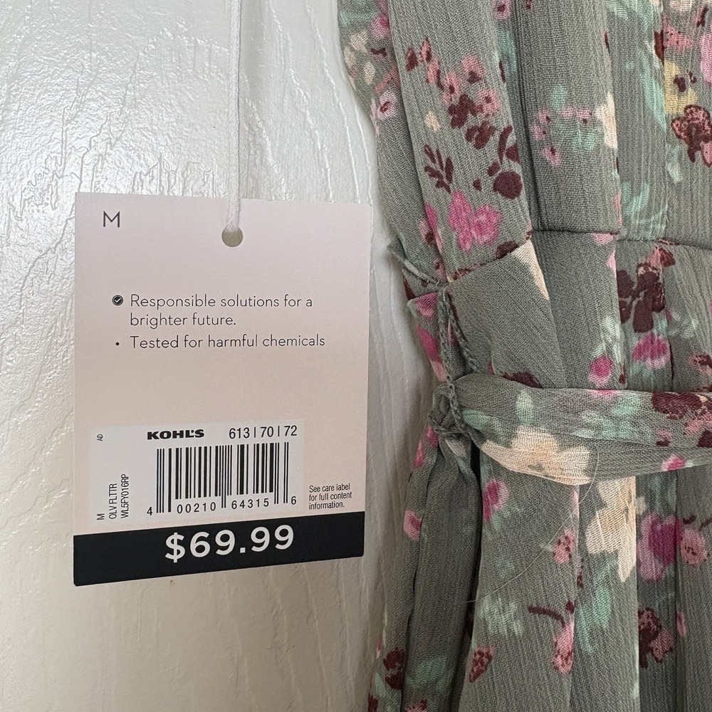 NWT LC Lauren Conrad Floral Asymmetrical Ruffle Maxi Dress Olive Size Medium - Picture 13 of 13